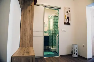 a shower with a glass door in a room at Apartment Tara in Ljubljana