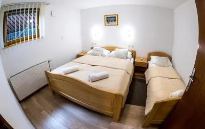two beds in a small room with a mirror at Zimzeleni Apartments in Zreče