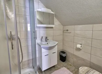 a small bathroom with a sink and a shower at Apartmaji JOŠT in Bohinj