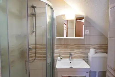 a bathroom with a sink and a shower at Apartmaji JOŠT in Bohinj