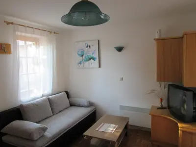 a living room with a couch and a tv at Apartment Klas in Moravske Toplice