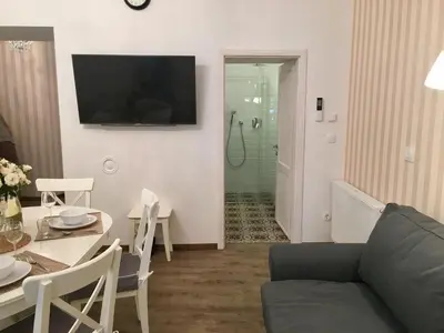 a living room with a couch and a table and a shower at Julija & Filip Apartments in Ljubljana