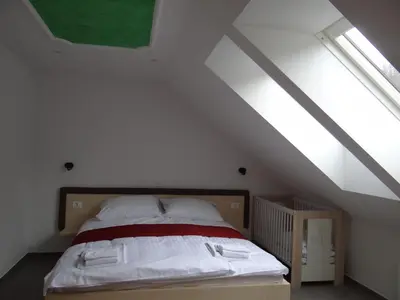 a bedroom with a bed in a attic at Relax Center Olimian in Podčetrtek