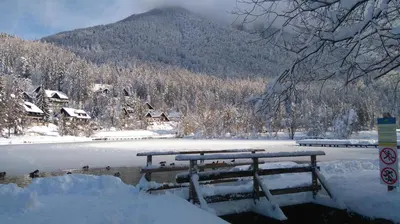 a bench covered in snow in front of a mountain at Apartments Teja in Kranjska Gora