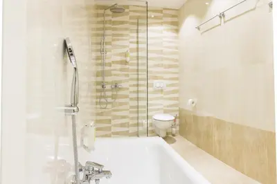a bathroom with a shower and a tub and a toilet at WH Apartments in Ljubljana