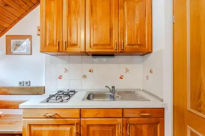 a kitchen with wooden cabinets and a sink at Apartments Mija in Krotica