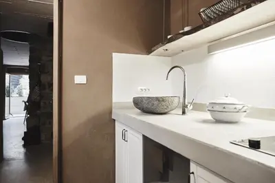 a kitchen with a sink and a counter top at Vila Mravljevi Weinderer in Preserje