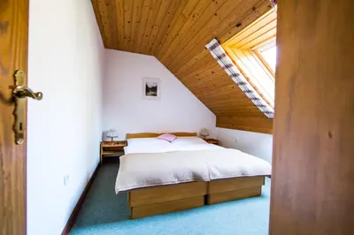 a bedroom with a bed and a wooden ceiling at Turistična kmetija Košir in Kranjska Gora