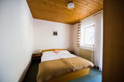 a small bedroom with a bed with a wooden ceiling at Turistična kmetija Košir in Kranjska Gora