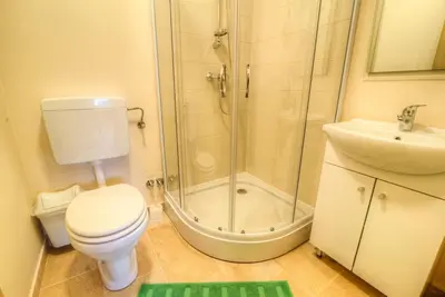 a bathroom with a shower and a toilet and a sink at Dobra Hiša Zdravja Čičarija in Golac
