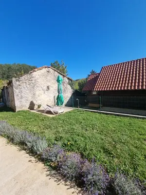 a garden with a statue in front of a building at Dobra Hiša Zdravja Čičarija in Golac