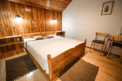 a bedroom with a bed in a room with wooden walls at Farm Stay Žagar in Mozirje