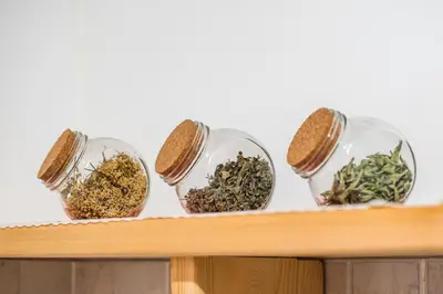 four glass containers of herbs on a shelf at Farm Stay Žagar in Mozirje
