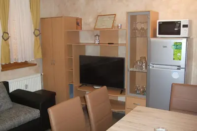 a living room with a flat screen tv and a kitchen at Apartment Borovnica in Moravske Toplice