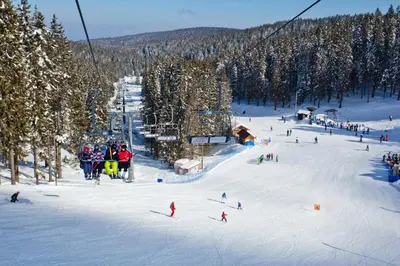 a group of people on a ski lift in the snow at Apartma Svizec Rogla in Zreče