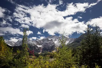 a view of a mountain range with trees and clouds at Chalet Romantic in Zgornje Jezersko