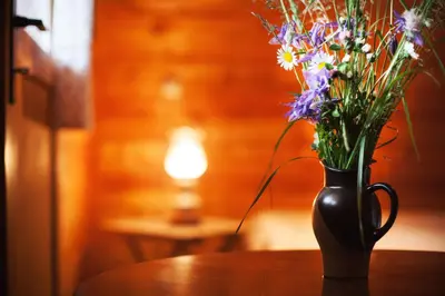 a black vase filled with flowers on a table at Chalet Romantic in Zgornje Jezersko