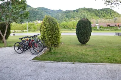 a group of bikes parked next to a bush at Apartments Sole in Podčetrtek