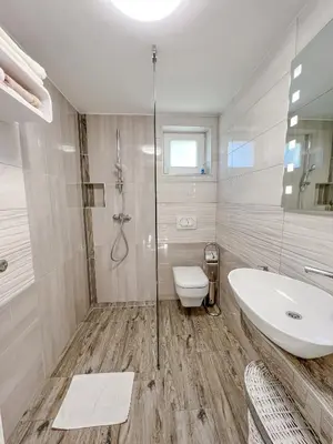 a bathroom with a sink and a toilet and a shower at Apartments Sole in Podčetrtek