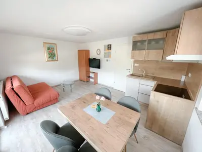 a kitchen and a living room with a table and chairs at Apartments Sole in Podčetrtek