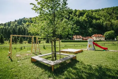 a playground with a tree and a swing at Počitniška hiška Pod Skalco in Kamnik