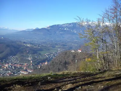 a view of a city from a mountain at Počitniška hiška Pod Skalco in Kamnik