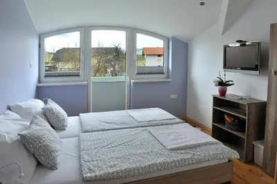 a bedroom with two beds and a tv and a window at Apartment Šilec in Šmarje pri Jelšah