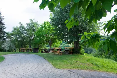 a park with benches and picnic tables in the grass at Turistična kmetija Vrezner Apartment in Zgornja Kungota