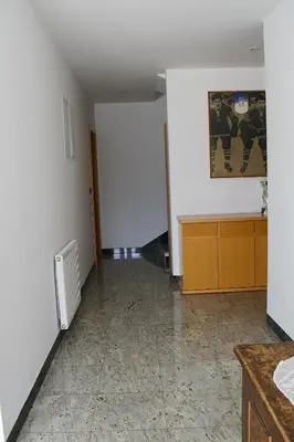 an empty room with a kitchen and a painting on the wall at Rudi Hiti's Guest House in Bled
