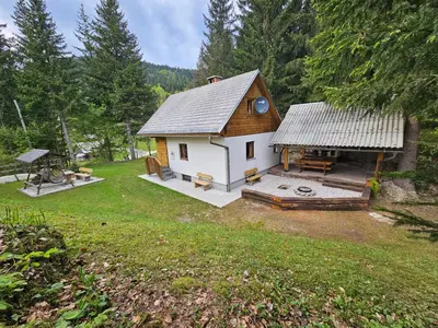 an aerial view of a small house with a grill at Lodge In Koprivnik in Koprivnik v Bohinju