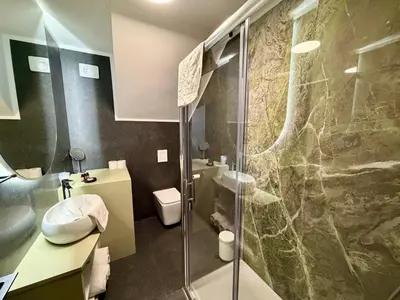 a bathroom with a shower and a toilet and a sink at Boutique hotel ZBILJE in Zbilje