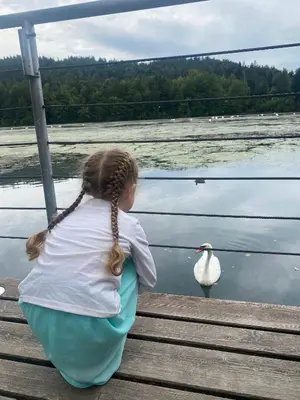 a little girl sitting on a dock looking at a swan at Boutique hotel ZBILJE in Zbilje