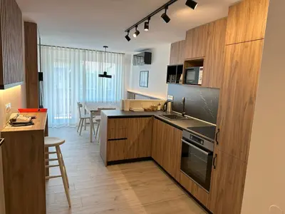 a kitchen with wooden cabinets and a counter top at Žigon Bed & Breakfast in Logatec