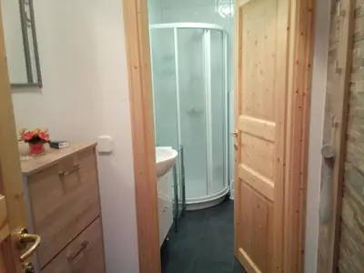 a bathroom with a shower and a sink at Haus Alexandra Apartment in Bled