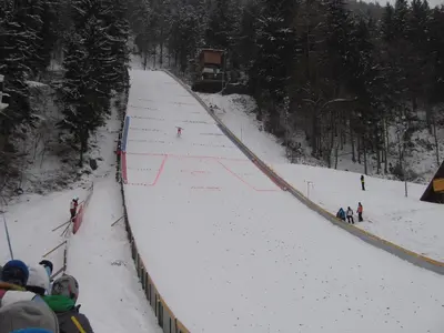 a group of people skiing down a snow covered slope at Farm stay Bukovje in Ljubno