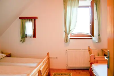 a bedroom with two beds and a window at Farm stay Bukovje in Ljubno