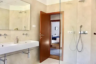 a bathroom with a sink and a shower at Vila Tivoli in Ljubljana