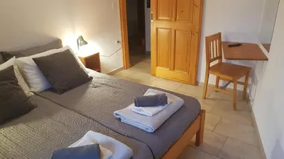 a bedroom with a bed and a table and a chair at Apartments Tatjana in Bovec