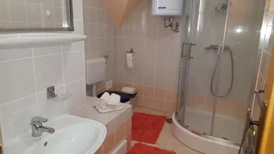 a bathroom with a sink and a shower at Soncnica Apartment in Moravske Toplice