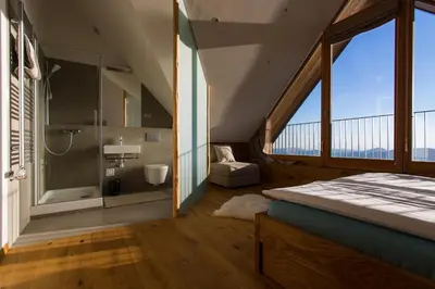 a bedroom with a bathroom with a shower and a bed at Eco Chalet Astra Montana in Tolmin