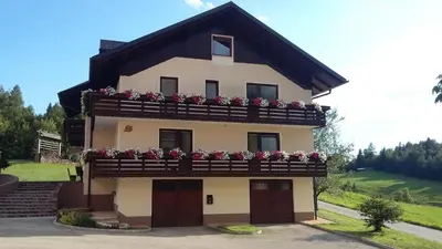 a house with a balcony with flowers on it at Apartment Vrtacnik in Štefanja Gora