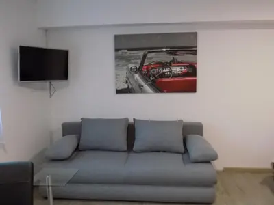 a living room with a couch and a picture of a car at Apartment Pri Ruscu in Tolmin