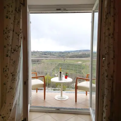 a room with a large window with a table and chairs at Hotel Kozana in Dobrovo