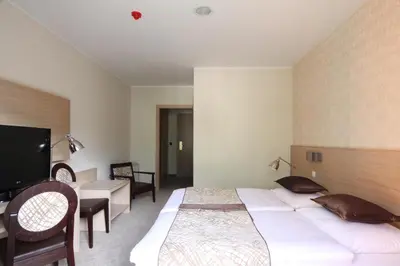 a bedroom with a large bed and a television at Hotel Mangart in Bovec