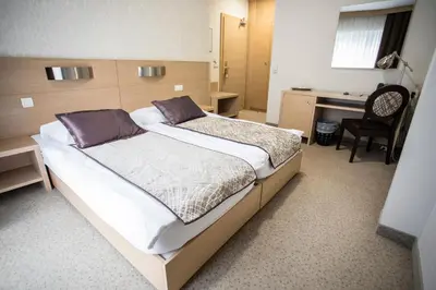 a bedroom with two beds and a desk and a chair at Hotel Mangart in Bovec