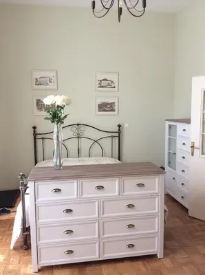 a bedroom with a white dresser with a vase of flowers at Vila Rogaška in Rogaška Slatina
