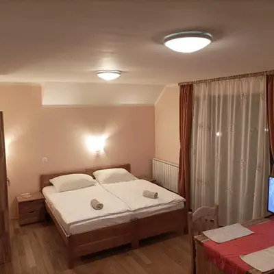 a bedroom with a bed and a table and a television at Guest House Eco Vila Mila in Rogaška Slatina