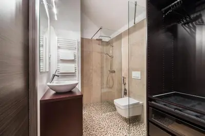 a bathroom with a sink and a toilet and a shower at Bled Apartment Kirsch in Bled