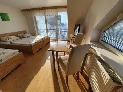 a bedroom with two beds and a table with a laptop at Hostel Novak in Novo Mesto