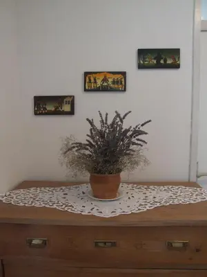 a potted plant sitting on top of a wooden dresser at Apartment Mlinarjeva domačija in Kobarid